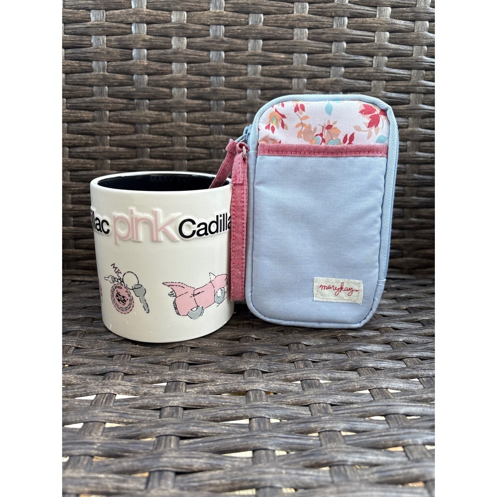 Mary Kay Pink Cadillac Coffee Mug White Black 3D Raised Text Collectible